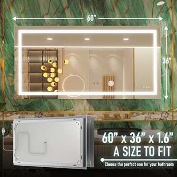 KRISTALLUM Bathroom Mirror with Lights -60x36 Mirror w/Wireless Switch + Anti Fog/Waterproof/Dimmable/ 3 Colors Warm/Natural/White CRI >90 Frameless Led Mirror Vertical or Horizontal