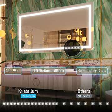 KRISTALLUM Bathroom Mirror with Lights -60x36 Mirror w/Wireless Switch + Anti Fog/Waterproof/Dimmable/ 3 Colors Warm/Natural/White CRI >90 Frameless Led Mirror Vertical or Horizontal