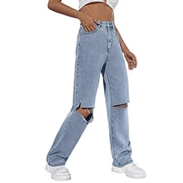 SweatyRocks Women's Ripped Straight Leg Jeans High Waist Distressed Cutout Denim Pants Light Wash Blue S