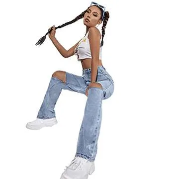 SweatyRocks Women's Ripped Straight Leg Jeans High Waist Distressed Cutout Denim Pants Light Wash Blue S