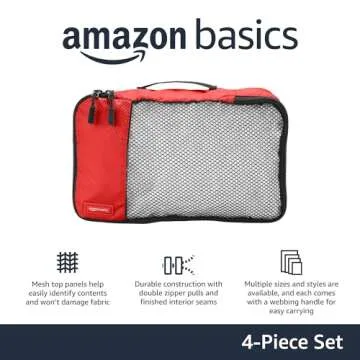 Amazon Basics 4 Piece Packing Travel Organizer Zipper Cubes Set, Small, Red