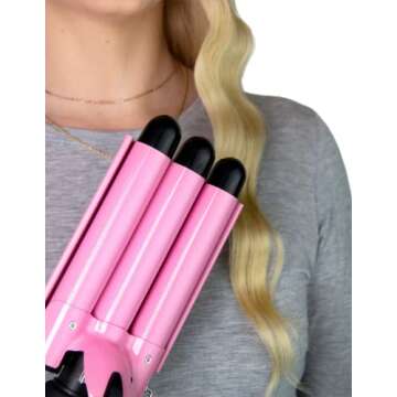 Trademark Beauty Three Barrel Hair Waver, Curling Iron, 1 Inch, Beach Waves, Quick Heat, Babe Waves Original, Adjustable Temperature Hair Curler - Pink