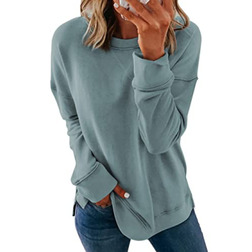 Dokotoo Women's Long Sleeve Crewneck Side Split Pullover Sweatshirt - Blue, Large