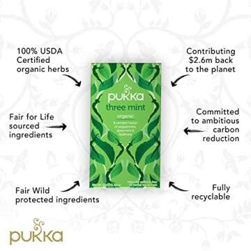 Pukka Organic Tea Bags, Three Mint Herbal Tea, 60 Count for Refreshing Coolness