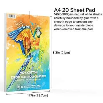 GenCrafts 100% Cotton Watercolor Paper Pad - A4 8.3x11.7-20 Sheets (140lb/300gsm) - Cold Press Acid Free Art Sketchbook Pad for Painting & Drawing, Wet, Mixed Media