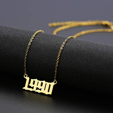 SKQIR Birth Years Necklace,Initial Year Number Pendant Necklace Gold Plated Birthday Gift Charm Friendship Old English Arabic Mumerals Stainless steel Necklace Jewelry for Women Girl（Gold,1998）