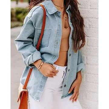 Women’s Oversized Jean Shirt Button Up Shacket Long Sleeve Pockets Denim Jean Jacket