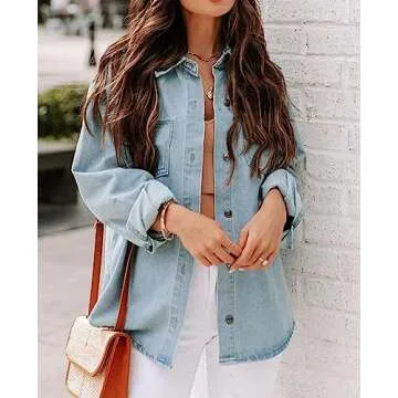 Women’s Oversized Jean Shirt Button Up Shacket Long Sleeve Pockets Denim Jean Jacket