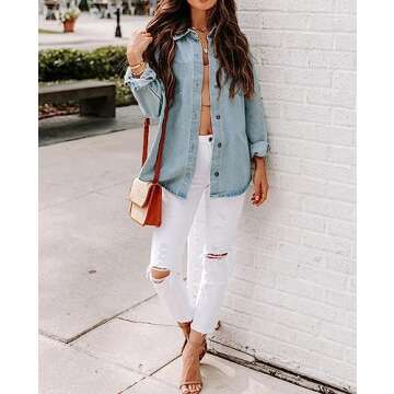 Women’s Oversized Jean Shirt Button Up Shacket Long Sleeve Pockets Denim Jean Jacket
