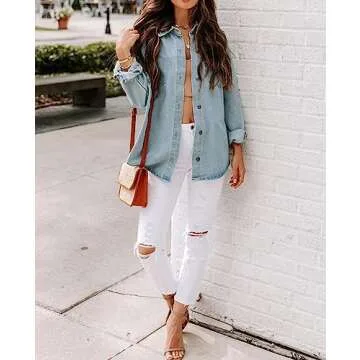 Women’s Oversized Jean Shirt Button Up Shacket Long Sleeve Pockets Denim Jean Jacket