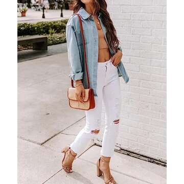 Women’s Oversized Jean Shirt Button Up Shacket Long Sleeve Pockets Denim Jean Jacket