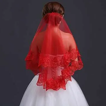 ZEALMAX Classic Red Bridal Headcloth Wedding Veil, Simple Long Lace Veil Translucent Headpiece for Women