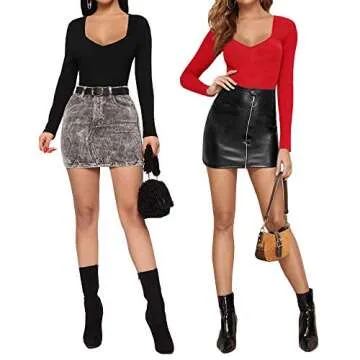 MANGOPOP Sweetheart V Neck Bodysuits for Women Long Short Sleeve Body Suits Tops Shirt