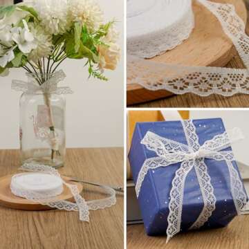 VGOODALL 30 Yards White Lace Ribbon Roll, Lace Trim Sewing Crafts Lace for Gift Wrapping Dress Decoration Wedding