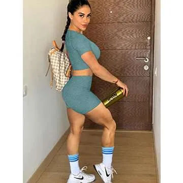 GXIN Women Workout 2 Piece Outfit Yoga Stretch Top Set High Waist Sport Shorts Darkgreen