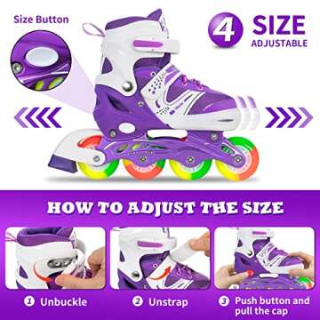 LeapYouth Adjustable Inline Skates with Light up Wheels,Roller Blades Fun Illuminating Beginner Roller Skates for Kids Girls and Boys, Patines para Mujer for Toddler, Youth Medium Size(2-5),Purple
