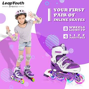 LeapYouth Adjustable Inline Skates with Light up Wheels,Roller Blades Fun Illuminating Beginner Roller Skates for Kids Girls and Boys, Patines para Mujer for Toddler, Youth Medium Size(2-5),Purple