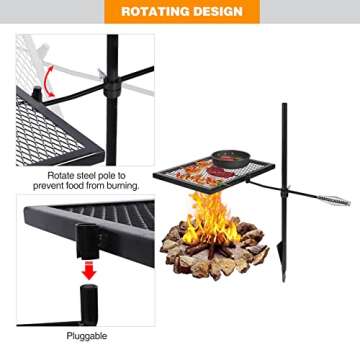 REDCAMP Swivel Campfire Grill Heavy Duty Steel Grate, Over Fire Camp Grill with Carrying Bag for Outdoor Open Flame Cooking