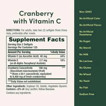 Nature's Bounty Cranberry 4200mg With Vitamin C, Urinary Health & Immune Support, Cranberry Concentrate, 250 Rapid Release Softgels
