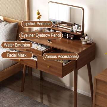 Wooden Vanity Desk, 31.5'' /W Makeup Vanity Table with Mirror, Adjustable 3 Light Modes Vanity Set f...