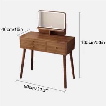 Wooden Vanity Desk, 31.5'' /W Makeup Vanity Table with Mirror, Adjustable 3 Light Modes Vanity Set for Bedroom (Color : Brown, Size : Led Light Mirror)
