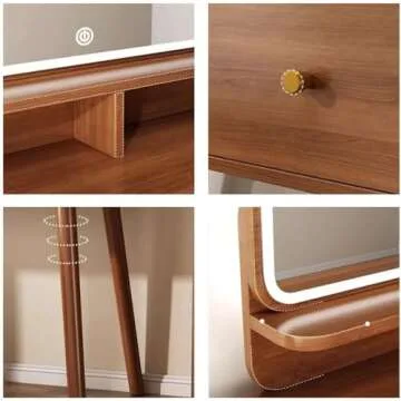 Wooden Vanity Desk, 31.5'' /W Makeup Vanity Table with Mirror, Adjustable 3 Light Modes Vanity Set for Bedroom (Color : Brown, Size : Led Light Mirror)