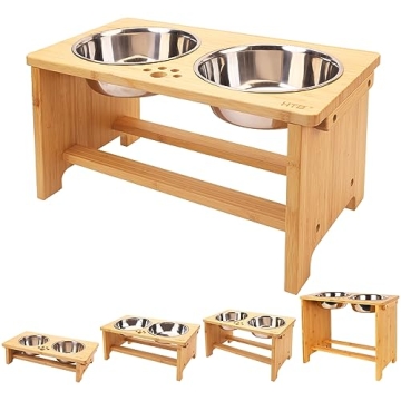 HTB Elevated Dog Bowls, Adjustable Raised Stand with Steel Bowls for Dogs