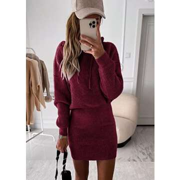PRETTYGARDEN Women's Winter Rib Knit Pullover Sweater 2024 Fashion Fall Dresses Long Sleeve Hooded Bodycon Dress (Wine Red,Medium)