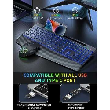Ergonomic Wireless Keyboard and Mouse Combo with Backlights