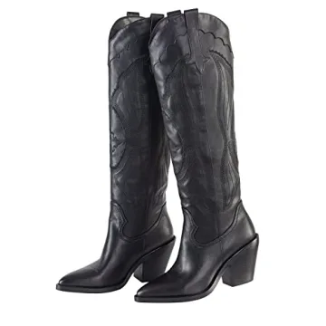 stefaniya nina Women's Modern Embroidered Western Black Cowgirl Knee High Boots Pointed Toe Fashion Classic Pull On Cowboy Shoes