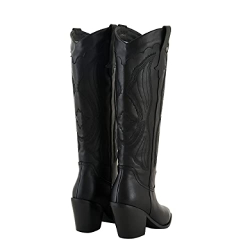 stefaniya nina Women's Modern Embroidered Western Black Cowgirl Knee High Boots Pointed Toe Fashion Classic Pull On Cowboy Shoes