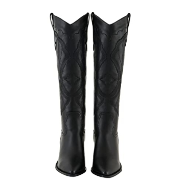 stefaniya nina Women's Modern Embroidered Western Black Cowgirl Knee High Boots Pointed Toe Fashion Classic Pull On Cowboy Shoes