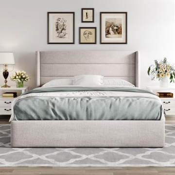 Allewie Queen Size Lift Up Storage Bed Wingback Headboard
