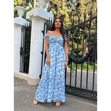 MERMAID'S CLOSET Womens Straps Blue Floral Print Smocked Maxi Dress Boho Casual Chiffon Flowy Beach Long Dresses