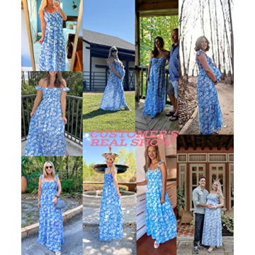 MERMAID'S CLOSET Womens Straps Blue Floral Print Smocked Maxi Dress Boho Casual Chiffon Flowy Beach Long Dresses