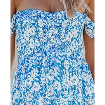 MERMAID'S CLOSET Womens Straps Blue Floral Print Smocked Maxi Dress Boho Casual Chiffon Flowy Beach Long Dresses