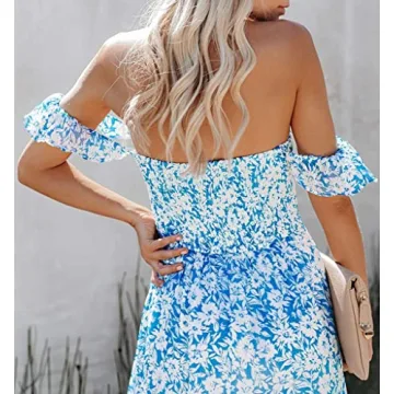 MERMAID'S CLOSET Womens Straps Blue Floral Print Smocked Maxi Dress Boho Casual Chiffon Flowy Beach Long Dresses