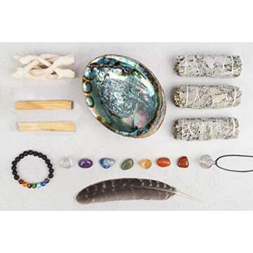 Wish Well Sage Smudge Kit - 3 White Sage Sticks, 2 Palo Santo Sticks, Abalone Shell, Stand, Smudging...