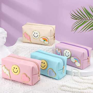 Spiareal 4 Pcs Preppy Patch Makeup Bag Set for Women
