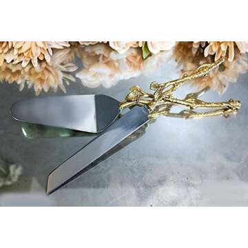 Le'raze 2 Piece Gold-leaf (twig) Cake Server Set. 1 Cake Knife and 1 Cake Server. Leaf Design 2 Tone Made of Stainless Steel and Brass. Ideal for Weddings, parties, Elegant Events
