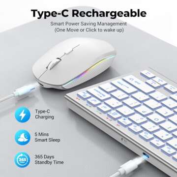 FENISIO Wireless Keyboard Mouse, Ultra Slim Bluetooth 2.4G Slient Wireless Keyboard and Mouse Combo with Backlit, Multi-Device USB Rechargeable Keyboard Mouse for Laptop PC Windows Desk (Silver White)