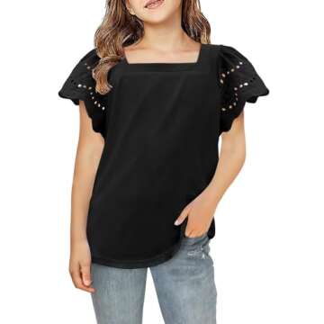 Yoklass Girls Short Sleeve Shirts Tween Kid Solid Tops Summer Ruffle Blouse Fashion Clothing Flowy S...