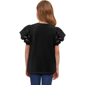 Yoklass Girls Short Sleeve Shirts Tween Kid Solid Tops Summer Ruffle Blouse Fashion Clothing Flowy Solid Clothes Black 5-6 Years