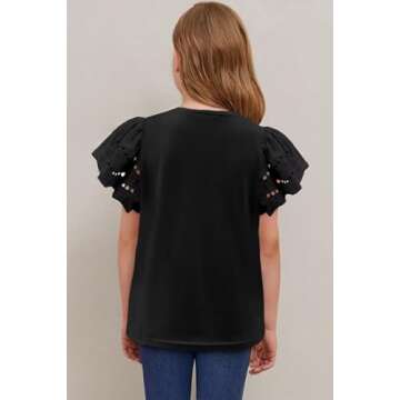 Yoklass Girls Short Sleeve Shirts Tween Kid Solid Tops Summer Ruffle Blouse Fashion Clothing Flowy Solid Clothes Black 5-6 Years