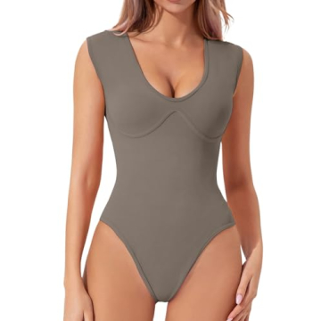 Stylish QINSEN Women's V Neck Bodysuit with Snap Closure in Dark Grey