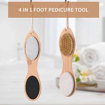 KALESUKI Foot File Callus Remover, Multi-purpose 4 in 1 Feet Pedicure Scrubber Exfoliator Tools with Foot Care Bristle Brush, Pumice Stone, Mental Foot Rasp, Sand Paper and Bamboo Handle