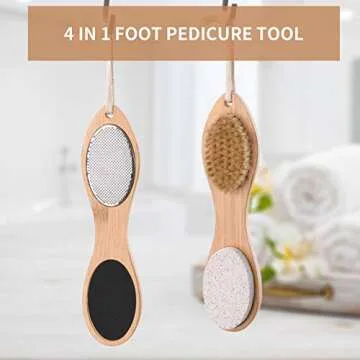 KALESUKI Foot File Callus Remover, Multi-purpose 4 in 1 Feet Pedicure Scrubber Exfoliator Tools with Foot Care Bristle Brush, Pumice Stone, Mental Foot Rasp, Sand Paper and Bamboo Handle