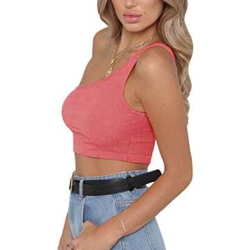 PRETTODAY Women's Sleeveless Crop Tops Sexy One Shoulder Strappy Tees (Small, Peach)