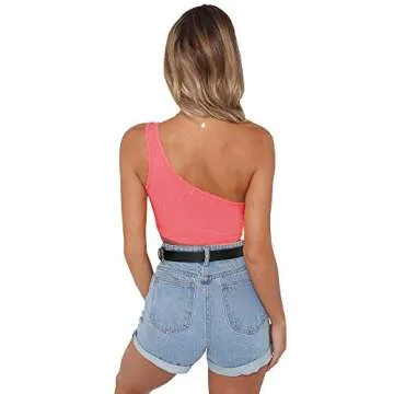 PRETTODAY Women's Sleeveless Crop Tops Sexy One Shoulder Strappy Tees (Small, Peach)