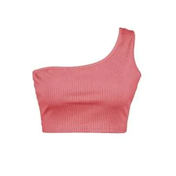PRETTODAY Women's Sleeveless Crop Tops Sexy One Shoulder Strappy Tees (Small, Peach)